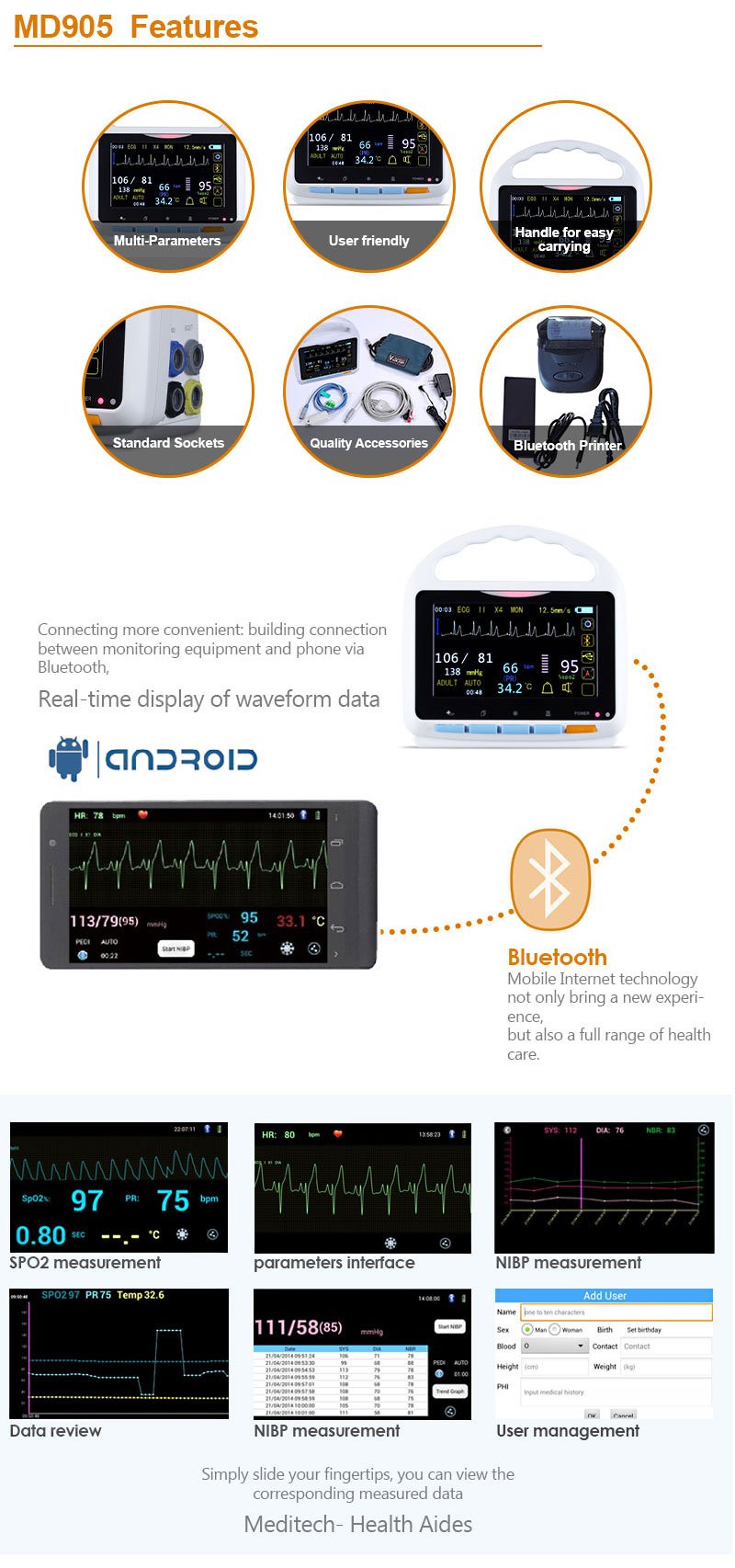MD905 Patient Monitor Touch Screen 5.0 inch Color TFT Screen with Android App