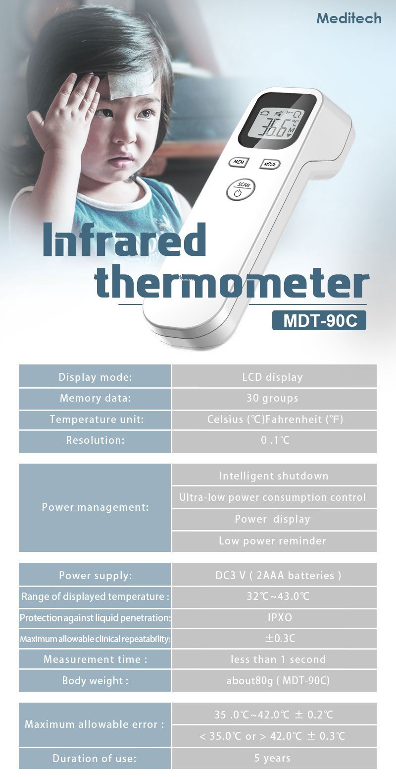 Digital Infrared Non-Contact Thermometer, Forehead Thermometer for Adults and Babies, MDT-90C