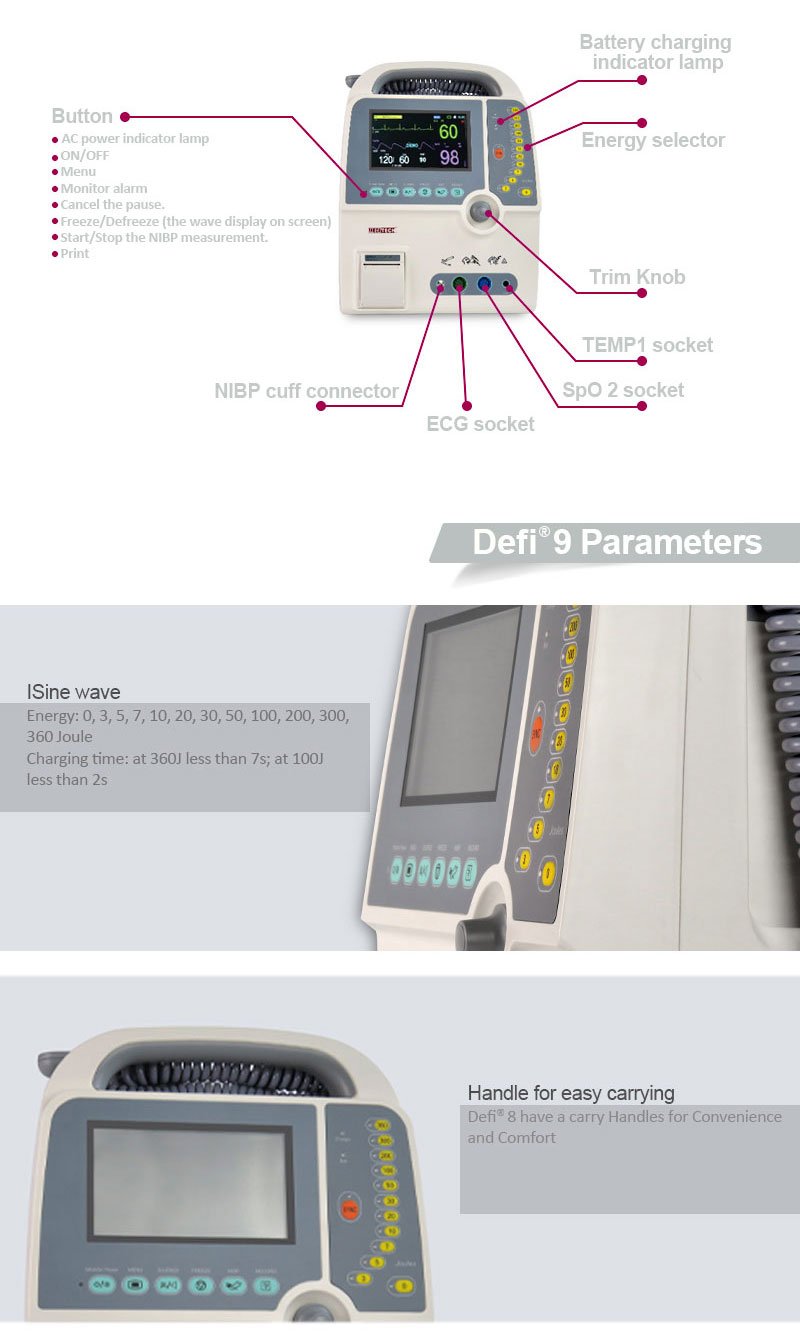 Emergency First Aid Defibrillator monitor with Biphasic and Monophasic Technology Defi 9