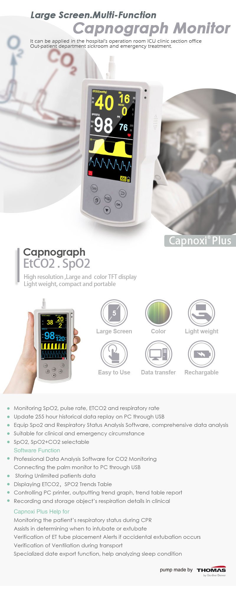 Portable Capnoxi Capnography Gas Analyzer Display with SpO2 Monitor, SpO2 with Gas Analyzer