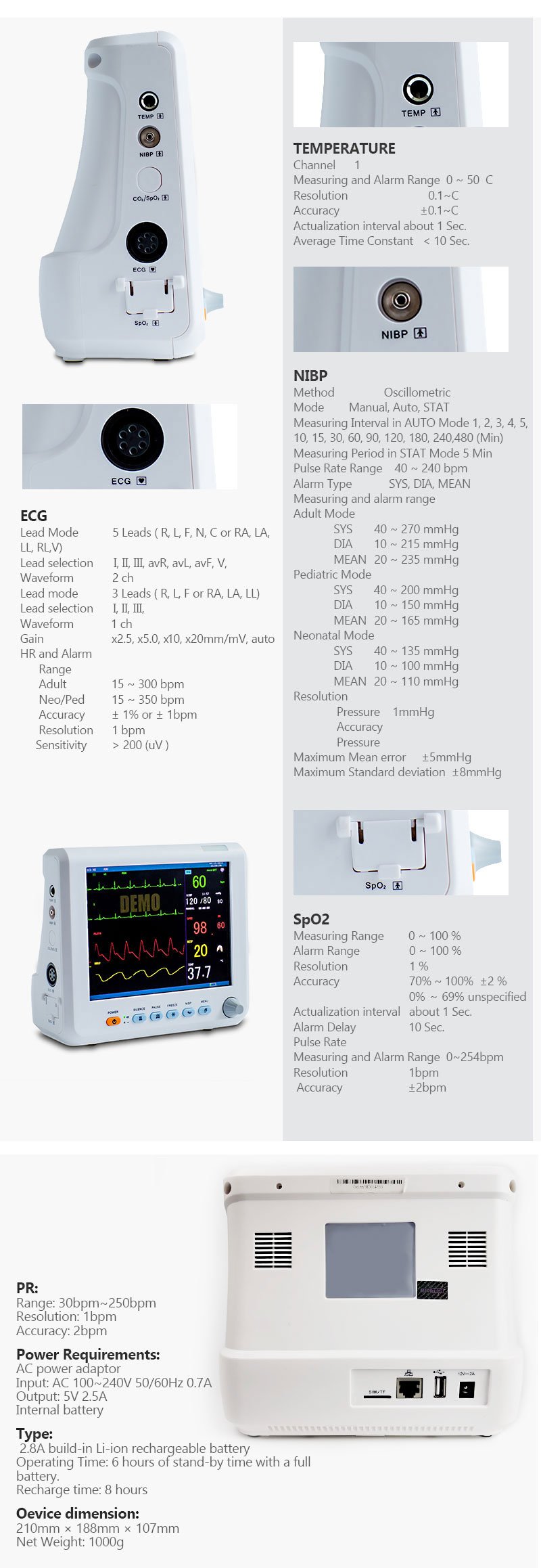 MD908B Patient Monitor 8 inch Screen Light Weight and Small Size