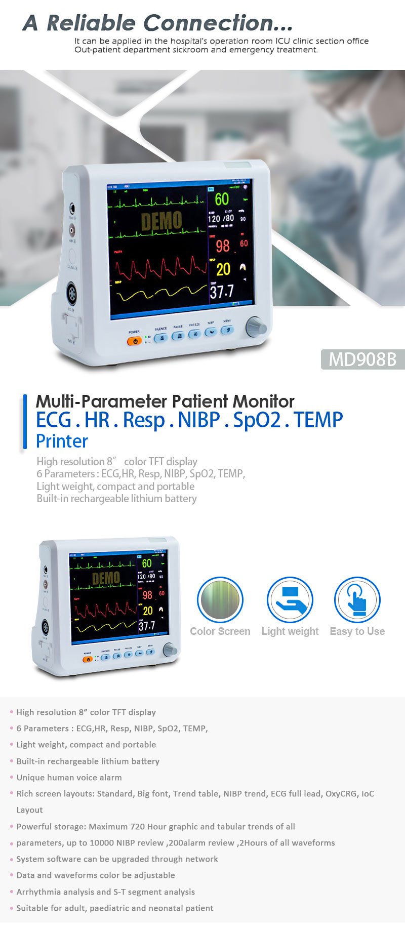 MD908B Patient Monitor 8 inch Screen Light Weight and Small Size