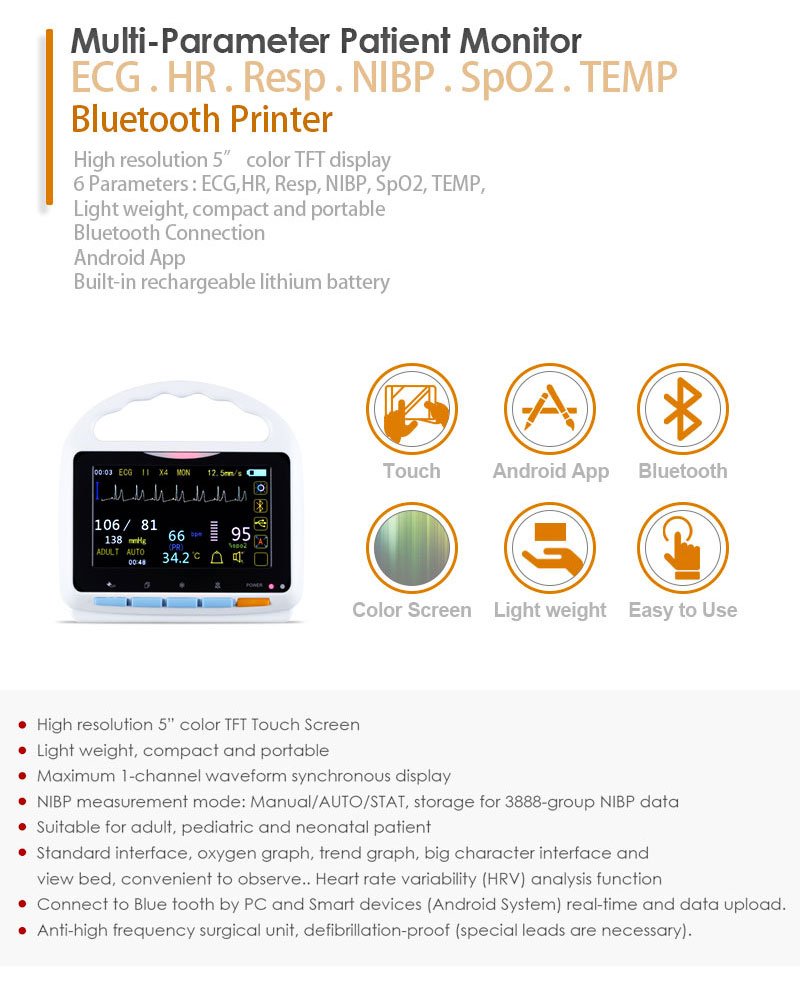 MD905 Patient Monitor Touch Screen 5.0 inch Color TFT Screen with Android App