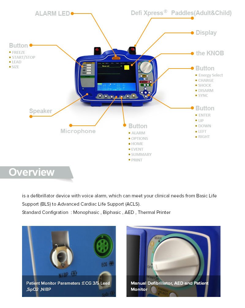 High Quality Defi Xpress Portable Defibrillator Monitor Biphasic and AED, Built-in Printer